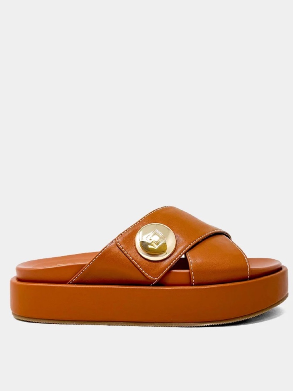 New in box. Katie sandals camel color ShuShop. Platform gold button